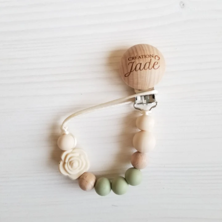 CRÉATION JADE | Attache-Suce en Bois - Fleur - Crème & sauge