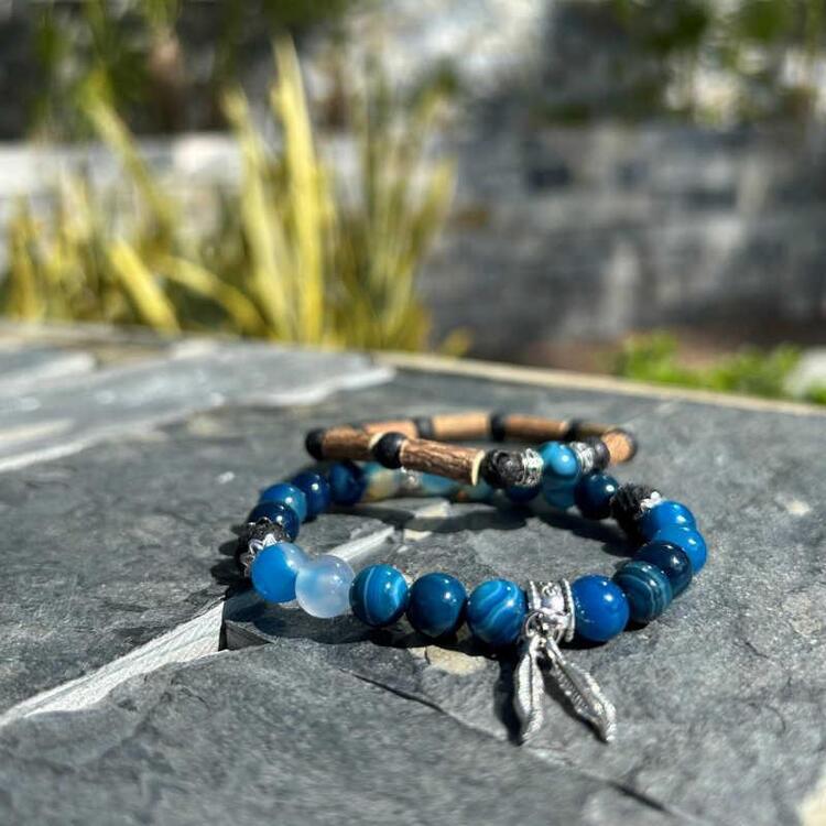 PUR NOISETIER | Duo de bracelets 8" - Agathe bleue