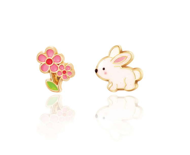 GIRL NATION | Boucles d'Oreilles en Émail - Fleurs roses et lapin