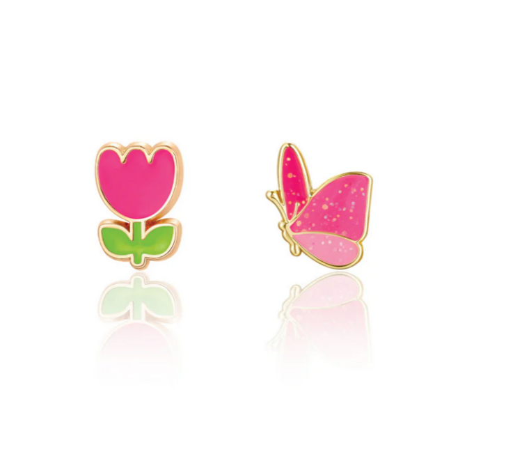 GIRL NATION | Boucles d'Oreilles en Émail - Duo tulippe papillon