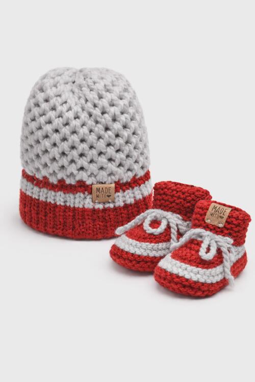 FAIT À LA MAIN | Pantoufles et Tuque - Gris & rouge