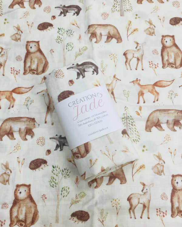 CRÉATION JADE | Mousseline de Bambou & Coton - Ours et animaux de la forêt