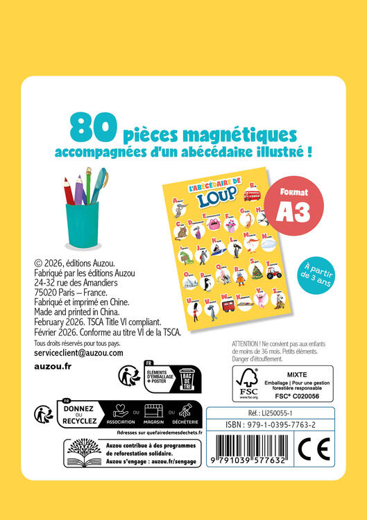 AUZOU | Mes Lettres Magnétiques en Bois - Loup