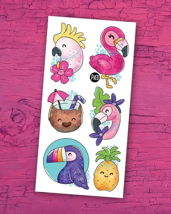 PiCO | Tatouage Temporaire - Les flamants roses et perroquets
